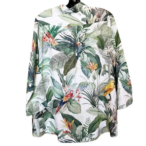 iLinen Lifestyle Parrot Tropical Linen Button Up Maxi Blouse Pockets White Sz L - Picture 7 of 10